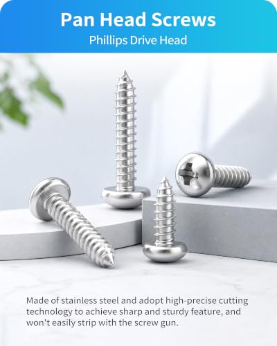 600Pcs Stainless Steel Wood Screws Assortment Kit, #4#6#8#10#12 Phillips Pan Head Sheet Metal Screws Self Tapping Screws Set,Length 3/8" to 2" (Silver-Pan Head) - color: Silver