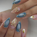 LPOODDNU 3D Gold Bow Star Press on Nails Almond - Medium Blue Fake Nails with French Tip Designs, Glossy Finished Reusable False Nails with Adhesive Glue Tabs - 24Pcs Nail Kit for Women Manicure - color: blue 3d gold bow star
