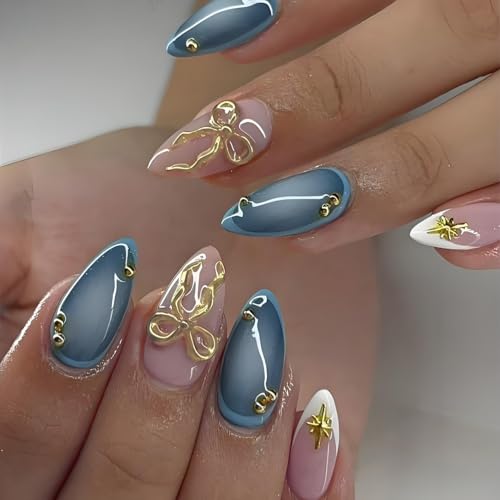 LPOODDNU 3D Gold Bow Star Press on Nails Almond - Medium Blue Fake Nails with French Tip Designs, Glossy Finished Reusable False Nails with Adhesive Glue Tabs - 24Pcs Nail Kit for Women Manicure - color: blue 3d gold bow star