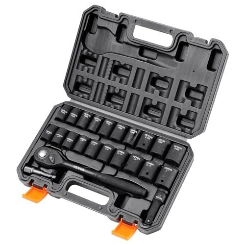 VEVOR 1/2" Drive Impact Socket Set, 23 Piece Socket Set SAE （7/16" -1"）& Metric （13-24mm）6 Point Cr-V Alloy Steel for Auto Repair with Ratchet Handle Rugged Construction Storage Case - size: 1/2" 23 PCS