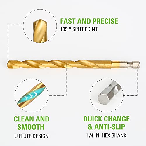Greenworks 22 PC Titanium Twist Drill Bit Set, 135° Tip High Speed Steel, Ideal Drilling in Wood/Cast Iron/Aluminum Alloy/Plastic/Fiberglass - size: Tool Only(22-Piece Accessories)