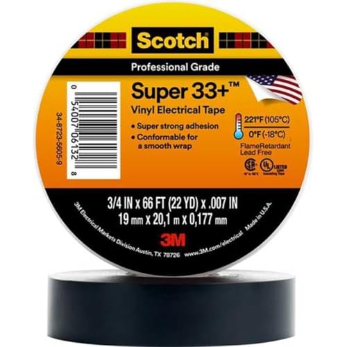 3M Scotch Super 33+ Electrical Tape, 2 in x 66 ft, 1 Roll, Black - size: 2" X 66'