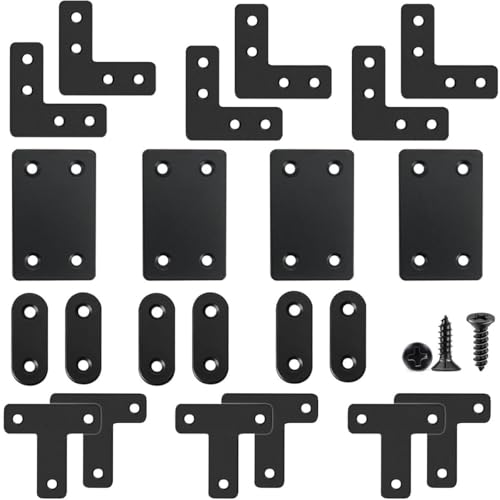 QSJ 22 Pack Straight Brace Stainless Steel Black Flat Brace Straight Corner Braces Straight Brackets Metal Flat Straight Mending Plates with Screws - size: 22Pcs Bracket Set (Flat T/L/Square/Strip)