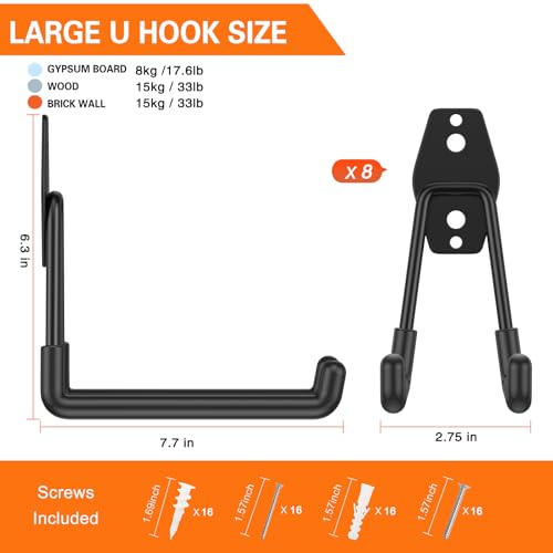 HUPBIPY Garage Hooks Heavy Duty, Large Square Wall Hooks - color: Black 8Pack, size: 7.7inch U Hook