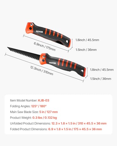 VEVOR Folding Jab Saw, 5 in Foldable Keyhole Saw with Soft Grip Handle, Folding Drywall Hacksaw with Triple Ground Teeth and Sharp Tip, for Drywall, Wood, PVC Pipes, Thin Sheets, Wall Panels - size: 5 inch