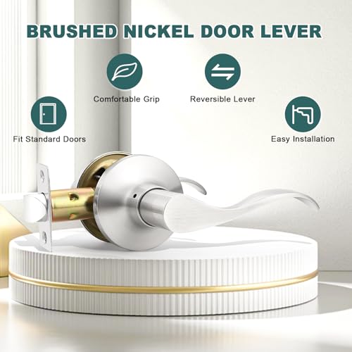 GOBEKOR 4 Pack Passage Door Levers Brushed Nickel Closet Door Handles Keyless Interior Door Handle Lock Wave Reversible Lever Door Handles