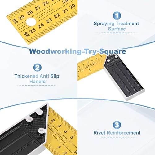 HARFINGTON 2Pcs Woodworking Square Ruler 12" Carbon Steel Try Square Metric Precision Framing Carpenter Tool Right Angle Ruler with Aluminium Handle for Professional Carpentry, Yellow Black - size: 12"