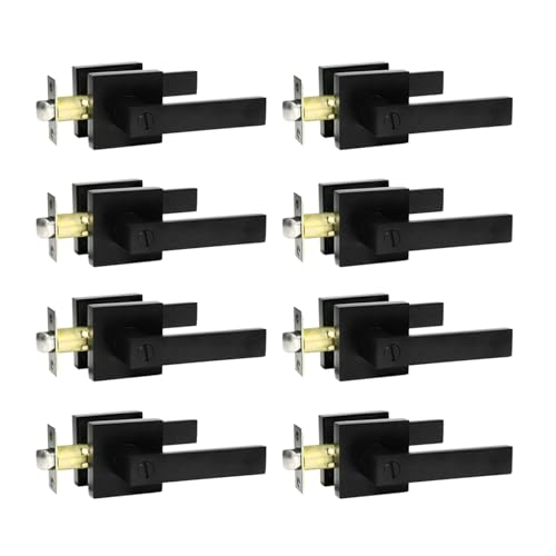 SUNTAI 8 Pack Matte Black Door Handles Privacy Door Levers Without Key, Bed and Bath Door Locks Interior Door Knobs, Reversible Flat Levers with Square Rosette - size: 8