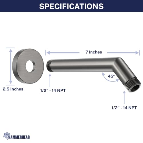 HammerHead® Solid Metal Shower Arm and Flange - 7.5 Inch 304 Stainless Steel Extension Pipe - Universal Shower Head Arm with Flange and Locking Screw, Gray - color: HammerHead Gray