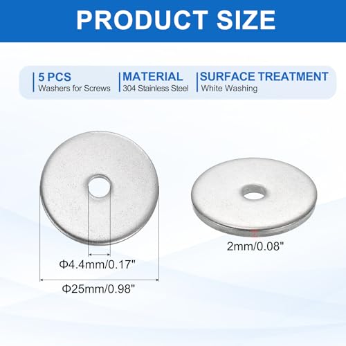 MECCANIXITY 5 Pcs M4 Stainless Steel Flat Washers Round Assortment Parts Spacers Assorted for Screws, Bolts, Plumbing, Automotive, Electrical 4.4mm ID 25mm OD 2mm Thick - size: M4, 4.4mm ID 25mm OD 2mm Thick