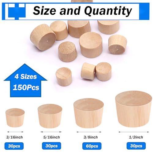 smseace 150Pcs 4-Sizes Wood Plugs 3/16" 5/16"，3/8"，1/2" Wooden Hole Plugs for Holes in Furniture/Table and Chair Legs/Cabinet Reserved Holes/Outdoor Equipment Wood Plugs Assortment Kit - style: Round Wood Plugs