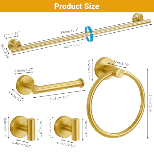 5 Piece Brushed Gold Bathroom Hardware Set, 24 Inch Bathroom Hardware Set Towel Racks for Bathroom, SUS304 Stainless Steel Wall Mounted Bath Towel Bar Set - color: E-24 Brushed Gold