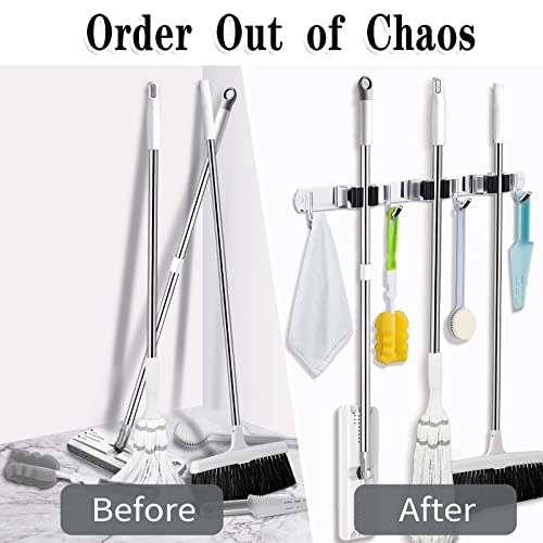 AceMining Broom Holder Wall Mount, 3 Racks 4 Hooks Heavy Duty Mop Organizer - color: 3 Racks & 4 Hooks (Silver) - 1 Pack