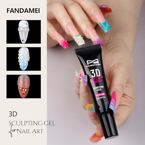 FANDAMEI 3D Gel Kit, 15g 3D Nail Sculpting Gel, 5 Box Nail Pearls Charms and Gems Clear&AB Nail Rhinestones, Metal Nail Beads&Gold Silver White Pearl Chrome Powder for DIY Manicure, UV/LED Lamp Needed