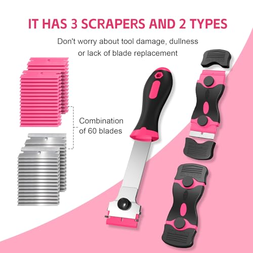 3 Pack Razor Blade Scraper Set, Includes 30 Plastic & 30 Metal Blades(Pink) - color: Pink