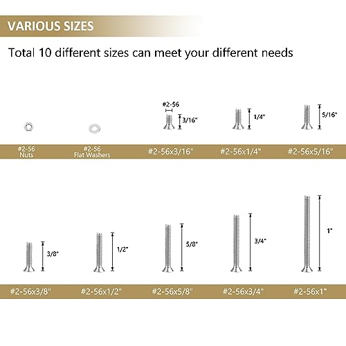 252 Pieces #2-56 x 3/16", 1/4", 5/16", 3/8", 1/2", 5/8", 3/4", 1", Countersunk Head Socket Cap Screws Nuts Washers Assortment Kit, 304 Stainless Steel, Fully Machine Thread - size: #2-56, style: Countersunk Head