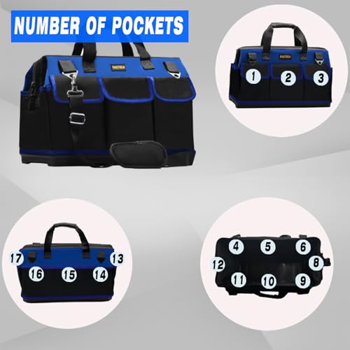 FASTECH 20 Inch Bottom Tools Bag With Wide Mouth For Tool Storage, Carrier and Organizer, Heavy Duty Tool Tote Bag for Men/Women, Wide Mouth Tool Bag With Inside Pockets (20 Inch) - size: 20INCH