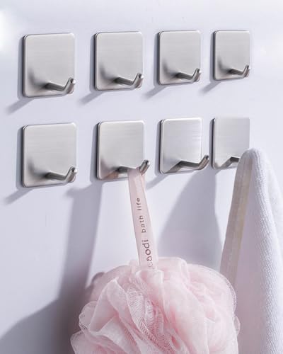 8 Pack Adhesive Wall Hooks, Self-Adhesive Hooks for Bathroom, Door Back Stick-On Towel Hooks, Hanging Coat Hat Key Washcloths Aprons Oven Mitts for Kitchen Shower Garage Home, Silver - color: Silver-45°