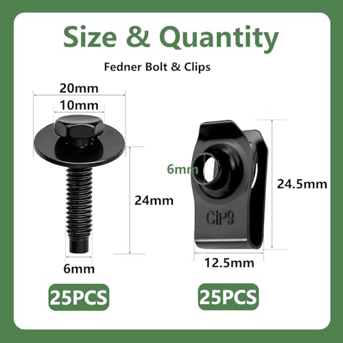 50Pcs M6-1.0 Automotive Body Bolt & U-Nut Clips Kit, Multipurpose Fender Bolts Body Fastener Clips for Most Cars Bumper Engine Splash Shield (25Sets) - color: Black-M6