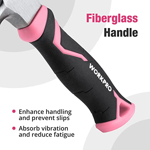 WORKPRO 8 oz Claw Hammer, Pink Hammer with Fiberglass Handle, Pink Ribbon - color: Pink Ribbon, size: 8 oz
