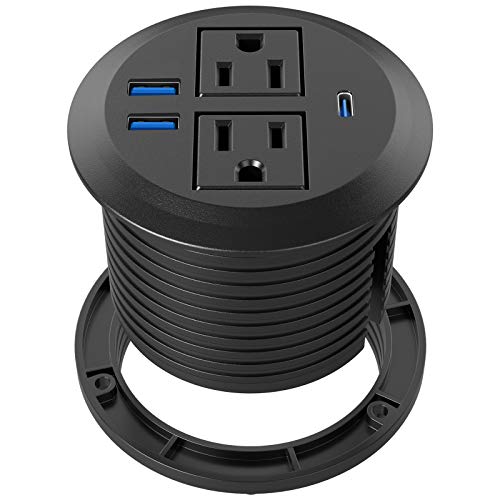 Recessed Power Grommet with AC Outlets, 20W USB-C,Flush-Mount,Black - color: Black