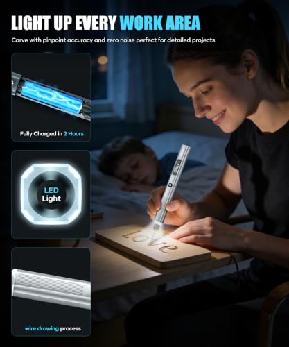Vanlgs Engraving Pen for Metal Wood Glass Plastic Gift for Teens, Sliver | Engraving Tool with LED Lights, 5 Variable Speed, Rechargeable 31Bits DIY Craft Kit fot Adults Beginners - color: Sliver