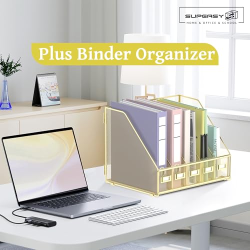 SUPEASY Desk Organizers Metal Desk Magazine File Holder with 5 Vertical Compartments Rack File Organizer for Office Desktop, Home Workspace, Gold Plus - color: Gold, size: Large
