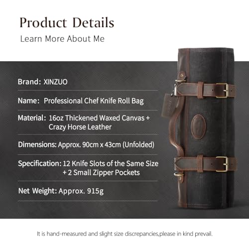 XINZUO Chef Knife Roll Bag Professional,16oz Waxed Canvas and Crazy Horse Leather,12 Slots Plus 2 Zipper Pockets,Adjustable Shoulder Strap-Travel Tool Roll Pouch(Bag Only) - color: Black
