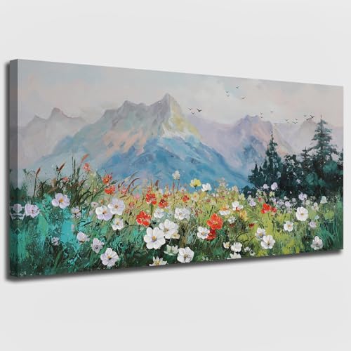 Ateliart Large Textured Wildflower Mountain Canvas Wall Art, 48 x 24 Inches | Textured wildflowers and misty mountains add fresh color and peaceful depth to living rooms, bedrooms, and dining spaces. - color: White wildflower, size: 48"L x 24"W