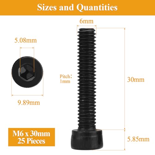 25 Pieces M6 x 30mm Socket Head Cap Screws, Thread Pitch 1.0mm, Sutemribor M6 Black Screws, 12.9 Grade Alloy Steel, Black Oxide Finish, Fully Threaded - size: M6 x 30mm, style: Socket Head