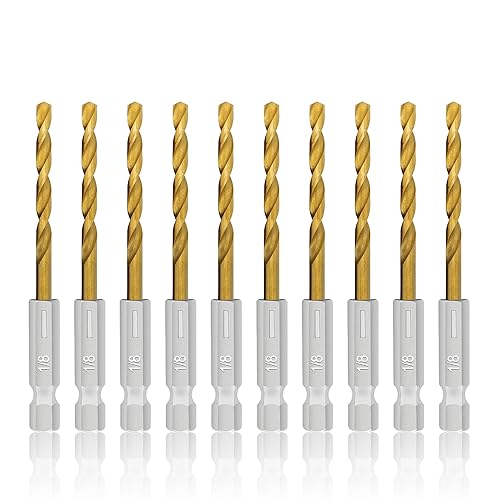 GMTOOLS 10 Pcs 1/8" Titanium Coated Twist Hex Shank Drill Bit Set, 135 Degree Tip HSS Impact Drill Bit Set with Storage Case for Metal, Aluminum, Steel, Wood, Plastic, Quick Change Design - style: 1/8"-10PCS