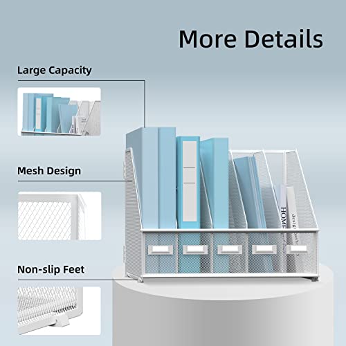 SUPEASY Desk Organizers Metal Desk Magazine File Holder with 5 Vertical Compartments Rack File Organizer for Office Desktop, Home Workspace, White (Pack of 2) - color: White, size: Small (Pack of 2)