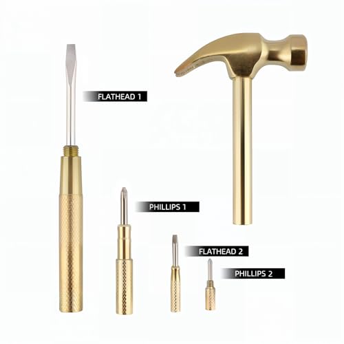 Multifunction Hammer 6 in 1 with Slotted/Flat Head Phillips Screwdriver Claw Hammer Manual, Portable Metal Mini Tool Hammer (Gold) - color: Gold