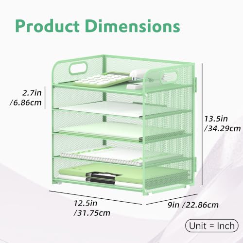 Supeasy 5 Trays Paper Organizer Letter Tray with Handle-Mesh Desk File Holders, Paper Sorter Desk Organizer for Office, Home, Classroom or School(Mint Green) - color: Mint Green