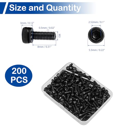 200Pcs M3 x 8mm Hex Socket Head Cap Screws, 12.9 Grade Alloy Steel - size: M3 x 8mm