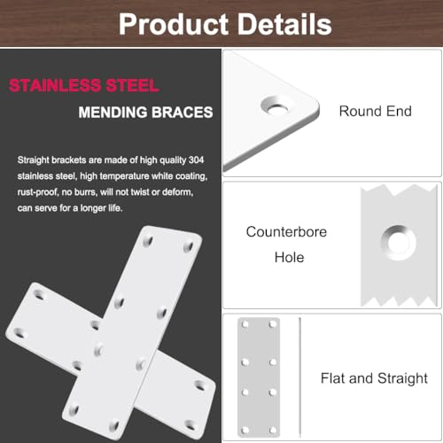 White Mending Plate 4 Pcs Stainless Steel Flat Brackets, 5.5 Inch x 2 Inch Heavy Duty Straight Brace Repair Fixing Joining Brackets for Wood Furniture Fence with Screws - size: Straight/ 5.5inch*2inch 4Pack
