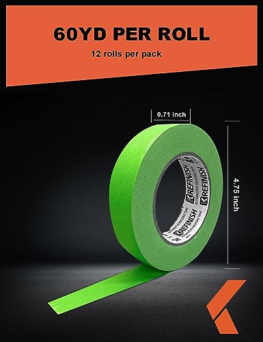 KREFINISH Painters Tape for Car - Green No Residue Automotive Masking Tape - Heat Resistant for Paint Booth, 0.7 Inches X 60 Yards, 12 Rolls - size: 0.7in-12rolls
