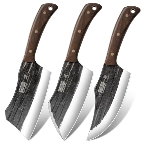 HOSHANHO Butcher Knife Set, 3PCS Knife Set of Bone & Cleaver & Viking Knife | High Carbon Steel Serbian Chef Knife Set of Heavy Duty Chopping Knife for Home, Cooking, Outdoor Camping BBQ - size: 6"