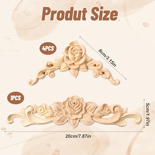 5PCS Wooden Rose Appliques Onlays Set, Unpainted Wood Carved Wall Decor for Furniture, Decorative Rose Wooden Onlay for Bed Door Wall Cabinet Wardrobe, Home Embellishments for Craft DIY Projects