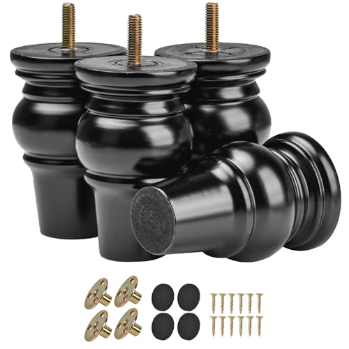 4 inch Solid Wood Bun Feet Black 4-Pack with Pre-drilled M8 Bolts - color: Black