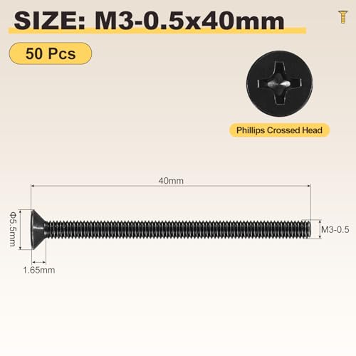 METALLIXITY M3-0.5x40mm Phillips Flat Head Bolts 304 Black 50Pcs - color: Black, size: M3-0.5x40mm