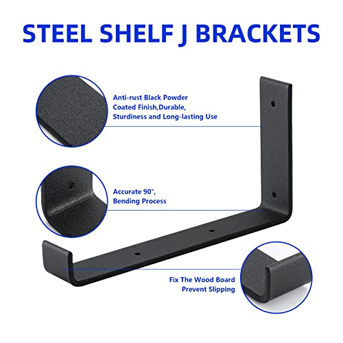6-Pack Heavy Duty J-Shaped Shelf Brackets with Lip, 9-Inch Industrial Wall-Mounted Floating Supports for 8.8" Wide Lumber Board, Matte Black Finish, HOME MASTER HARDWARE - size: 6 Pack
