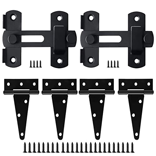 Barn Gate Latch Hardware Kit,2 Latch+4 Hinges,Stainless Steel Black