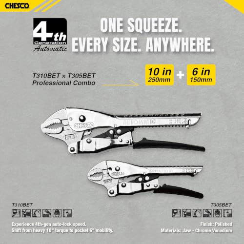 CHESCO 7" Long Nose & 10" Curved Jaw 4th Gen Self-Adjusting Locking Pliers, One-Hand Auto-Lock Design, Heavy-Duty Cr-V Steel Professional Hand Tool for Automotive, Plumbing & DIY (2-Piece) - size: 7 Inch & 10" Inch