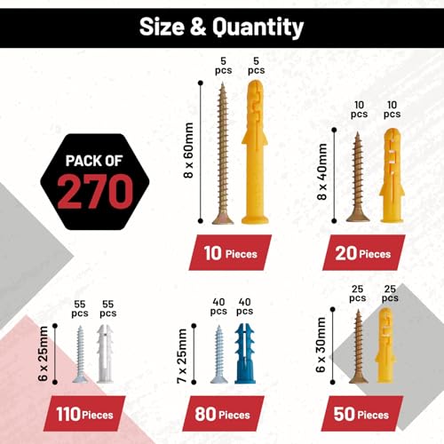 270PCS Drywall Anchors and Screws Assortment Kit with Storage Box
