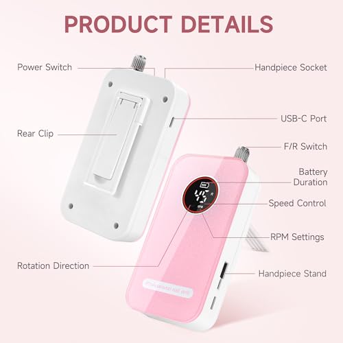 Professional Nail Drill, 45000RPM Rechargeable Cordless Electric File,Pink - color: Pink