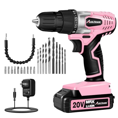 AVID POWER 20V Cordless Drill Set for Home DIY & Beginner Projects - Lightweight Power Drill with Battery Charger & 22 Bits, Variable Speed, 3/8" Keyless Chuck, Ideal for Furniture Assembly (Pink) - color: 2-pink