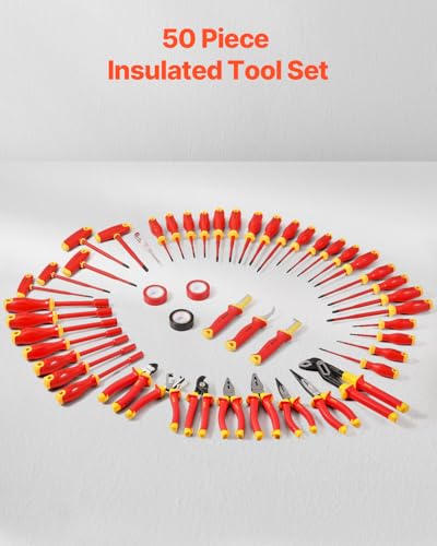 VEVOR Insulated Screwdriver Set, 50-Piece Professional Electrical Screwdriver Set, 1000V Insulated Electrician Tool, with Magnetic Tips, T-Handle Hex Wrench, Screwdriver, Single-Pole Voltage Tester - style: 50pcs