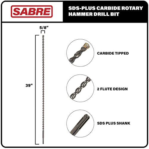 5/8 Inch x 39 Inch SDS Plus Rotary Hammer Drill Bit, Carbide Tipped for Brick, Stone, Concrete (5/8" x 37" x 39") - size: 5/8 in