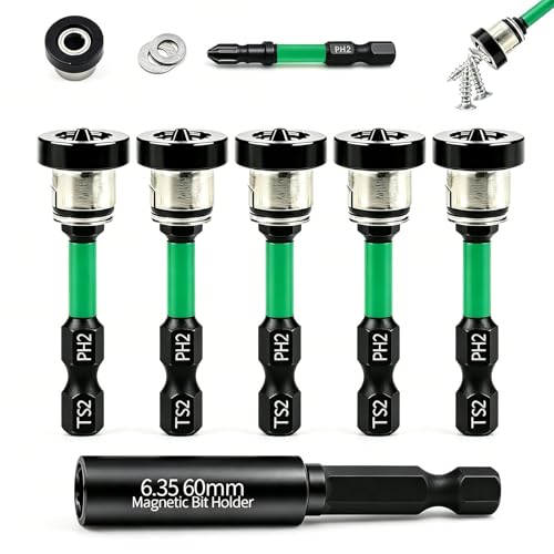 6pcs Drywall Screw Setter Set, 1/4" Hex Adjustable Depth Positioning Bits with 60mm Magnetic Bit Holder Extension Bar, Magnetic Positioning Screwdriver Bits, for Sheetrock and Plasterboard Screws - color: Green